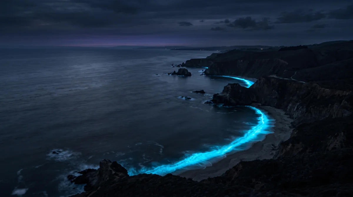 The Santa Cruz coast at dusk, bioluminescent surf tracing the shoreline